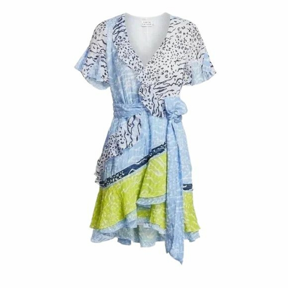 Tanya Taylor Zebra Print Blue & Lime Yellow Skirt Asymmetrical Wrap Dress, Sz 4 - Picture 1 of 14